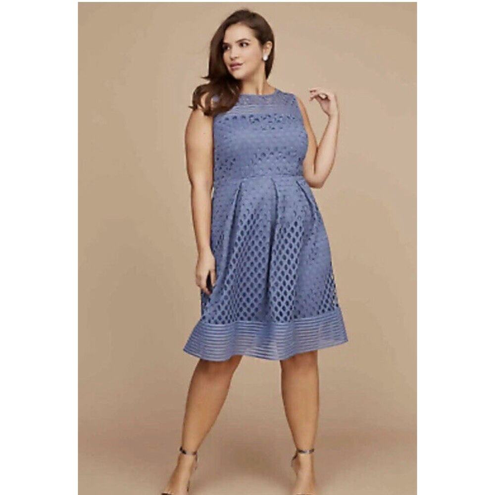 Lane Bryant Fit & Flare Dress Women's 28 Blue Lace Crochet Polka Dot NWT